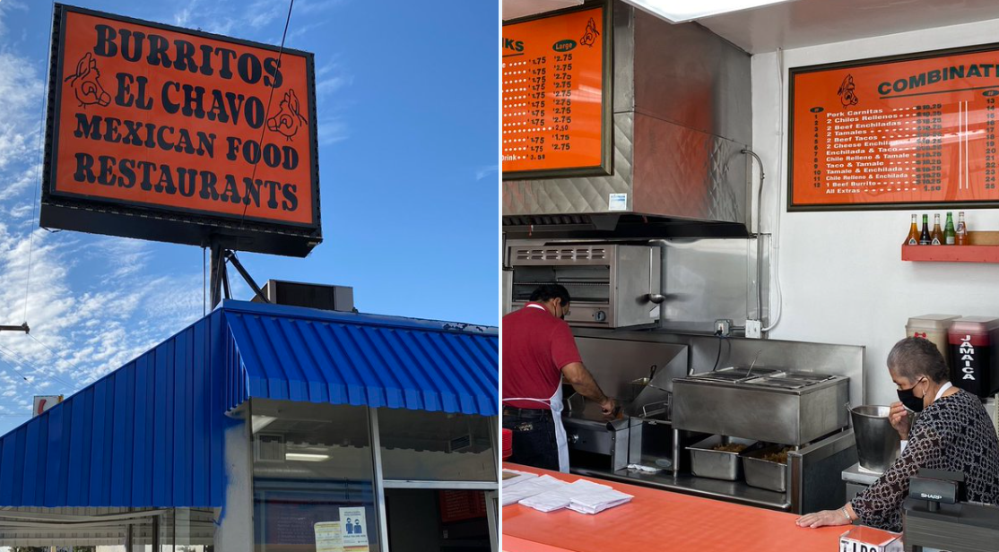 Burritos El Chavo Mexican Restaurant located in Valley Village. Blue awning and bright orange sign