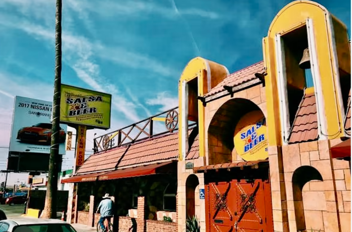 Photo of the Mexican Restaurant "Salsa & Beer" located in North Hollywood. Sunny day in california, palm tree in front