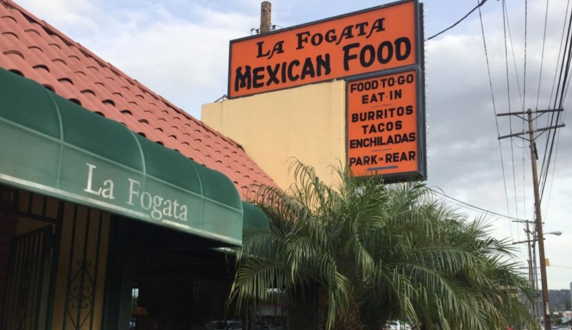 La Fogata Mexican Restaurant located in Sherman Oaks. Green awning and a bright orange sign